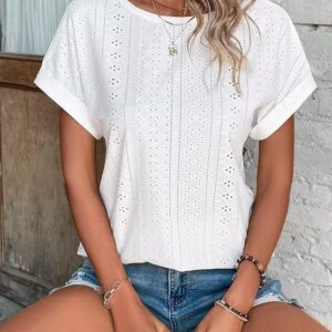 Limited time deal savings-53% Bliwov Womens Tops Eyelet Embroidery Summer Fall Curved Hem Short Sleeve